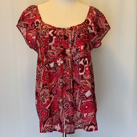 🔥5/$20🔥 Calvin Klein Cotton Berry Wine Ethnic Print Top - Picture 2 of 7